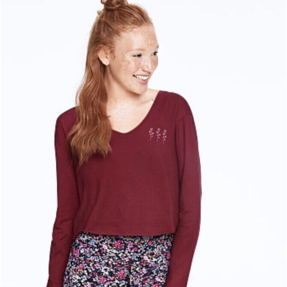 💕PINK Oversized Burgundy V Neck Crop Top XS-M💕
